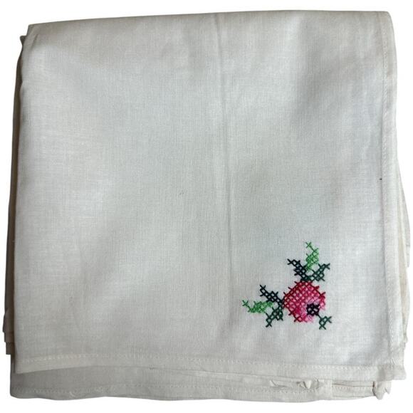 Vntg Lot Of 12 Ivory Linen Cotton Napkins Hand Embroidery Floral 15.25" x 15.25" - Picture 1 of 6